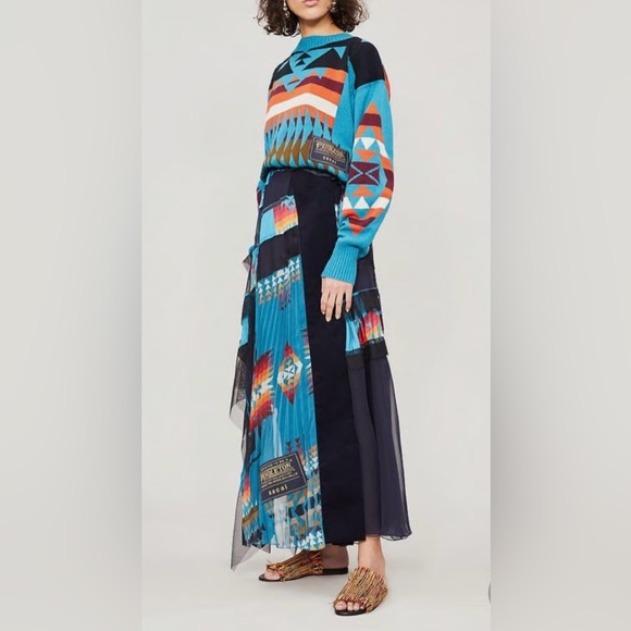 Sacai Pendleton Print Pleated Mesh Skirt 2019 Resort Asymmetrical Blue Black M - Picture 2 of 14